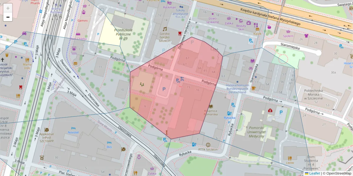 Szczegółowa mapa kodu pocztowego 70-205 z granicami, sąsiednimi kodami pocztowymi i urzędami pocztowymi