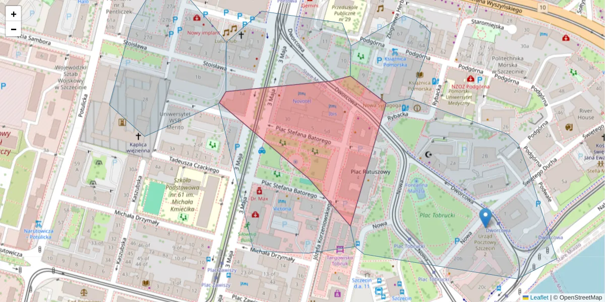 Szczegółowa mapa kodu pocztowego 70-207 z granicami, sąsiednimi kodami pocztowymi i urzędami pocztowymi