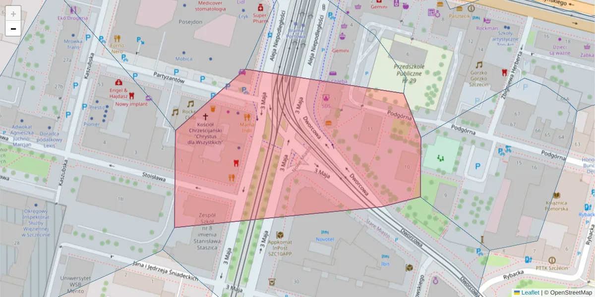 Szczegółowa mapa kodu pocztowego 70-234 z granicami, sąsiednimi kodami pocztowymi i urzędami pocztowymi