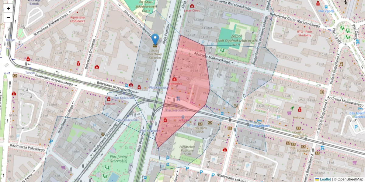 Szczegółowa mapa kodu pocztowego 70-252 z granicami, sąsiednimi kodami pocztowymi i urzędami pocztowymi