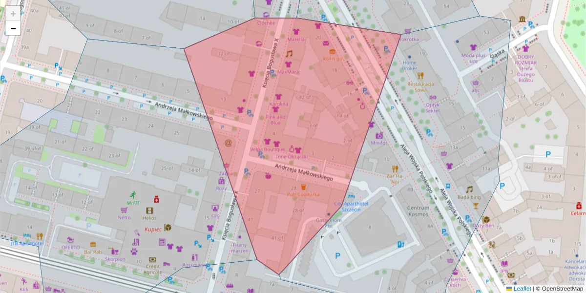 Szczegółowa mapa kodu pocztowego 70-304 z granicami, sąsiednimi kodami pocztowymi i urzędami pocztowymi
