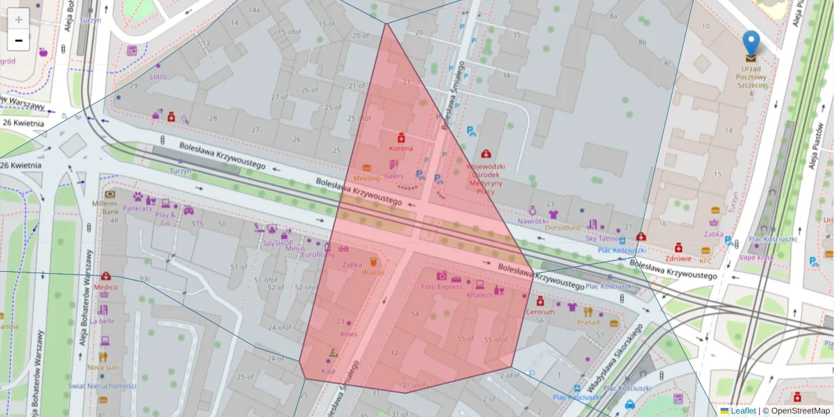 Szczegółowa mapa kodu pocztowego 70-315 z granicami, sąsiednimi kodami pocztowymi i urzędami pocztowymi