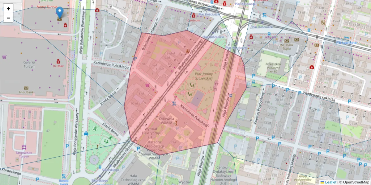 Szczegółowa mapa kodu pocztowego 70-323 z granicami, sąsiednimi kodami pocztowymi i urzędami pocztowymi