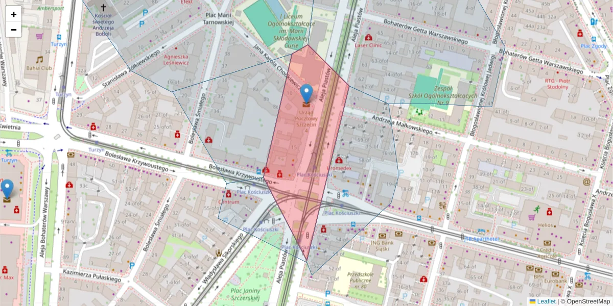 Szczegółowa mapa kodu pocztowego 70-333 z granicami, sąsiednimi kodami pocztowymi i urzędami pocztowymi