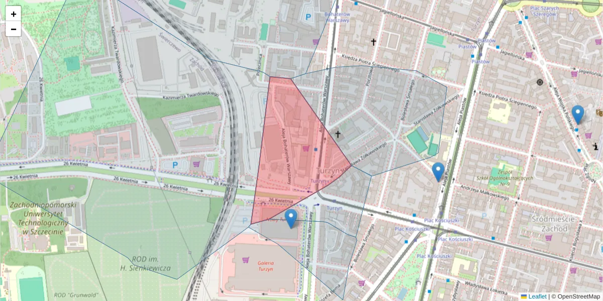 Szczegółowa mapa kodu pocztowego 70-340 z granicami, sąsiednimi kodami pocztowymi i urzędami pocztowymi