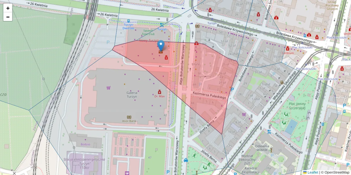 Szczegółowa mapa kodu pocztowego 70-343 z granicami, sąsiednimi kodami pocztowymi i urzędami pocztowymi