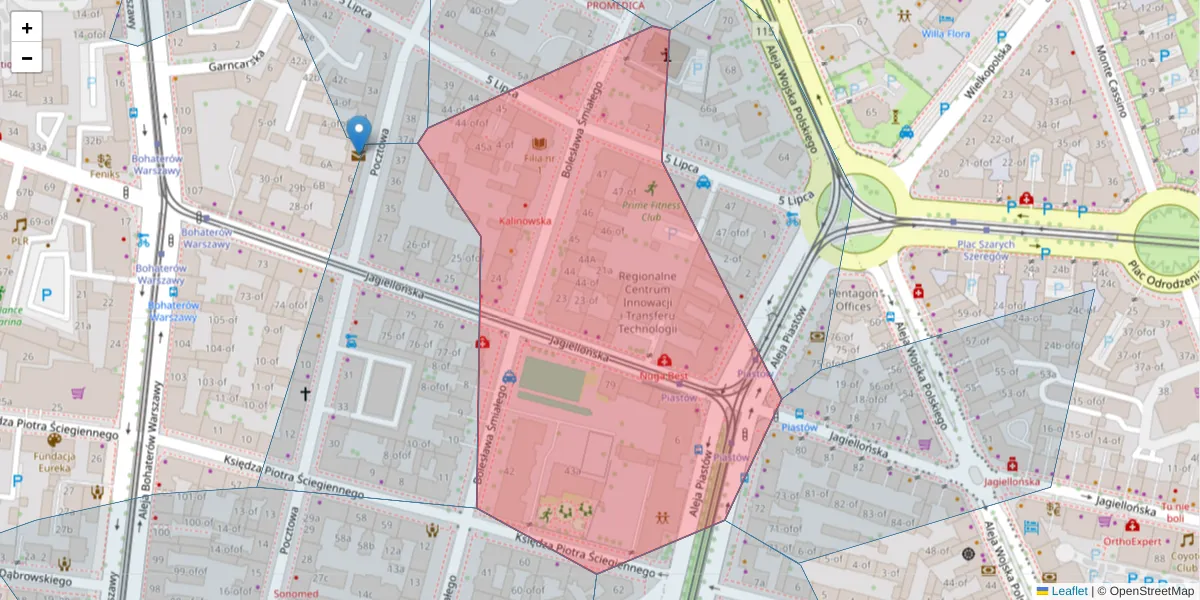 Szczegółowa mapa kodu pocztowego 70-350 z granicami, sąsiednimi kodami pocztowymi i urzędami pocztowymi