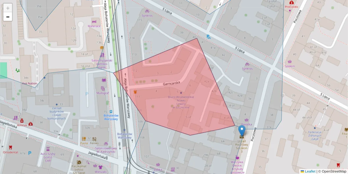 Szczegółowa mapa kodu pocztowego 70-377 z granicami, sąsiednimi kodami pocztowymi i urzędami pocztowymi