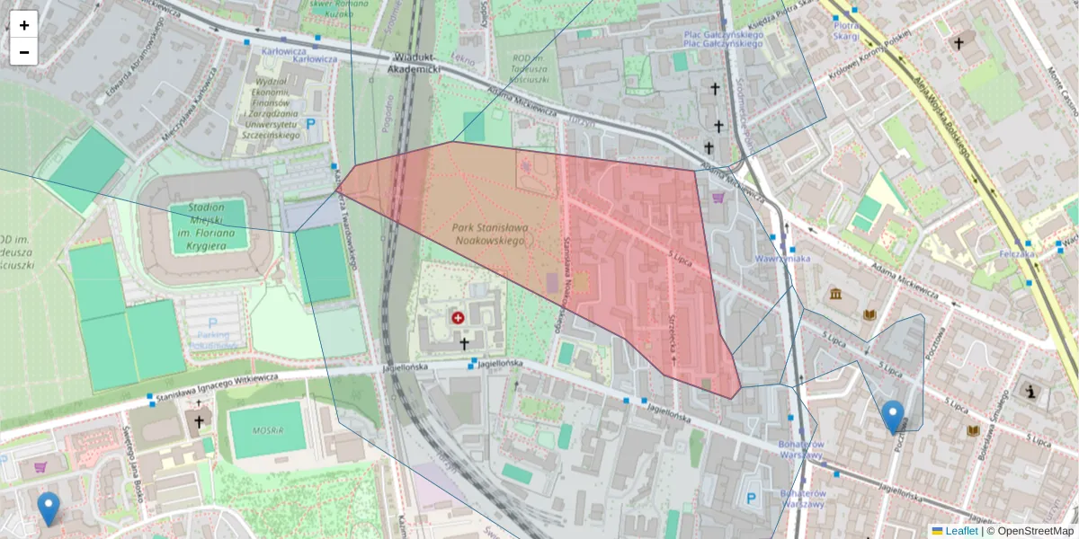 Szczegółowa mapa kodu pocztowego 70-381 z granicami, sąsiednimi kodami pocztowymi i urzędami pocztowymi