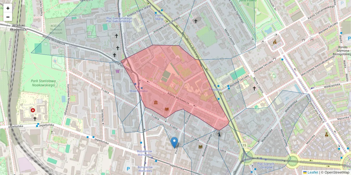 Szczegółowa mapa kodu pocztowego 70-383 z granicami, sąsiednimi kodami pocztowymi i urzędami pocztowymi