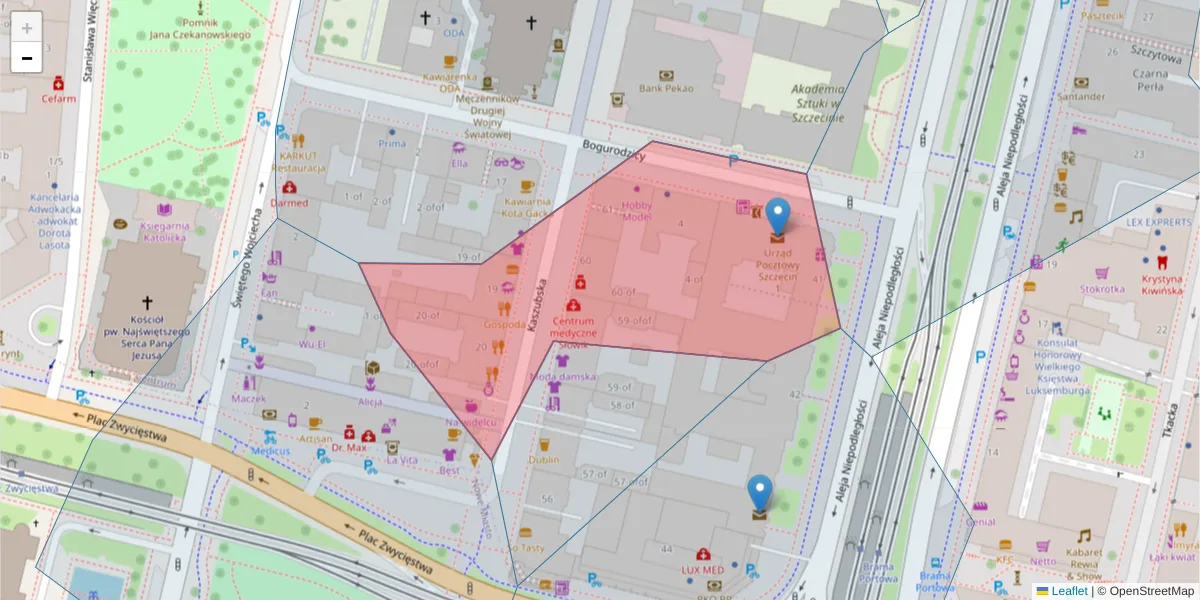 Szczegółowa mapa kodu pocztowego 70-402 z granicami, sąsiednimi kodami pocztowymi i urzędami pocztowymi
