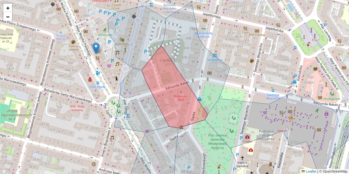 Szczegółowa mapa kodu pocztowego 70-407 z granicami, sąsiednimi kodami pocztowymi i urzędami pocztowymi