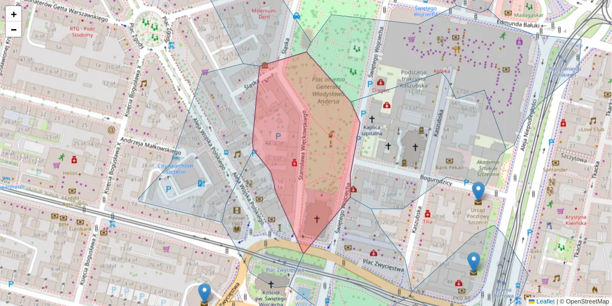 Szczegółowa mapa kodu pocztowego 70-411 z granicami, sąsiednimi kodami pocztowymi i urzędami pocztowymi
