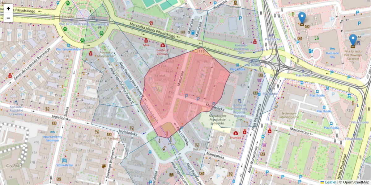 Szczegółowa mapa kodu pocztowego 70-416 z granicami, sąsiednimi kodami pocztowymi i urzędami pocztowymi