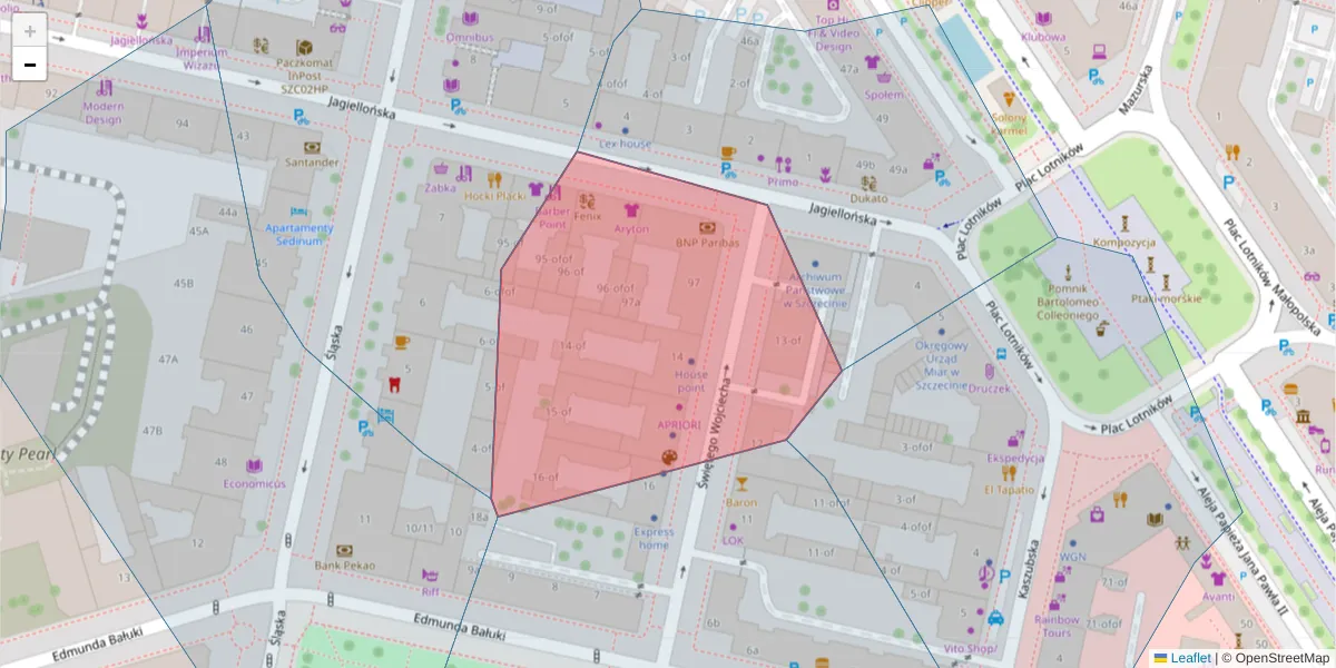 Szczegółowa mapa kodu pocztowego 70-436 z granicami, sąsiednimi kodami pocztowymi i urzędami pocztowymi