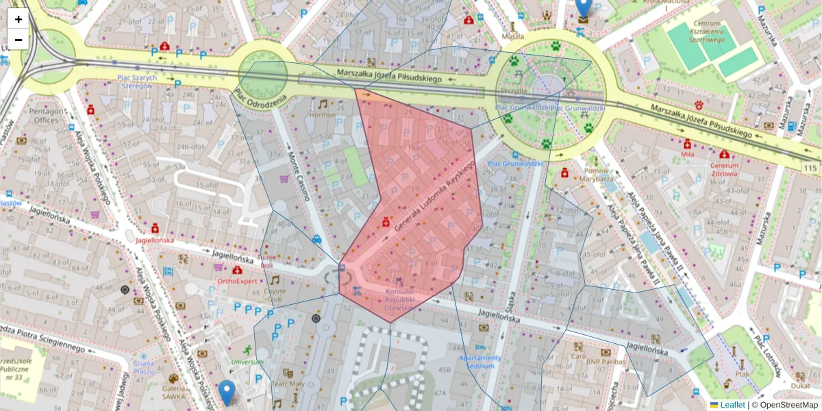 Szczegółowa mapa kodu pocztowego 70-442 z granicami, sąsiednimi kodami pocztowymi i urzędami pocztowymi