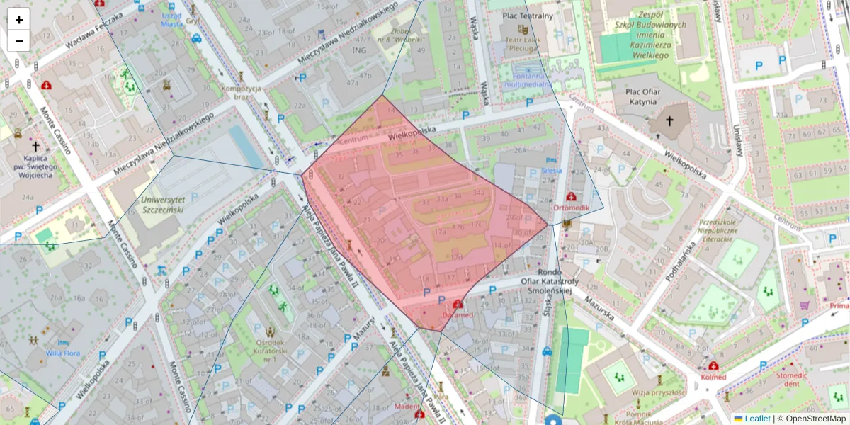 Szczegółowa mapa kodu pocztowego 70-443 z granicami, sąsiednimi kodami pocztowymi i urzędami pocztowymi