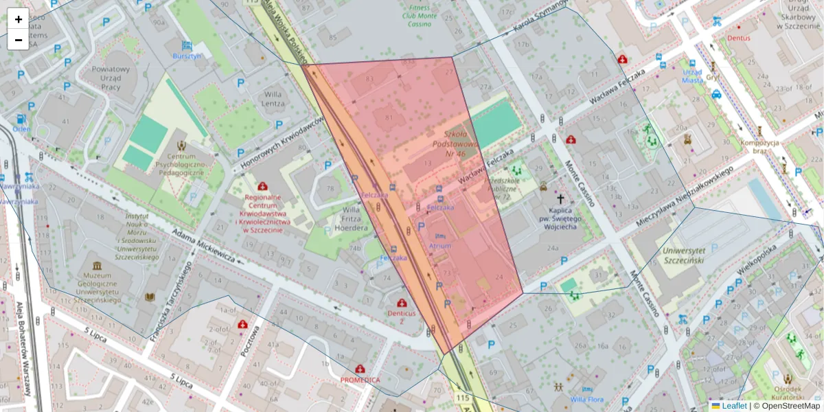 Szczegółowa mapa kodu pocztowego 70-481 z granicami, sąsiednimi kodami pocztowymi i urzędami pocztowymi