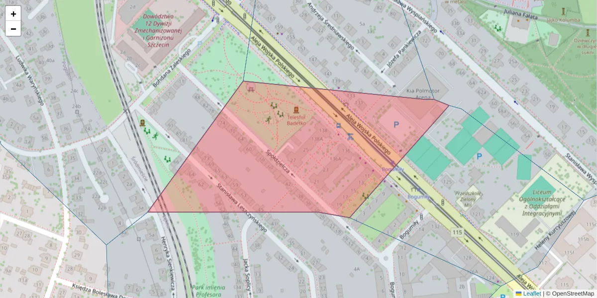 Szczegółowa mapa kodu pocztowego 70-491 z granicami, sąsiednimi kodami pocztowymi i urzędami pocztowymi