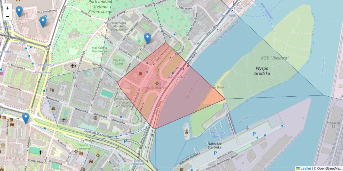Szczegółowa mapa kodu pocztowego 70-500 z granicami, sąsiednimi kodami pocztowymi i urzędami pocztowymi