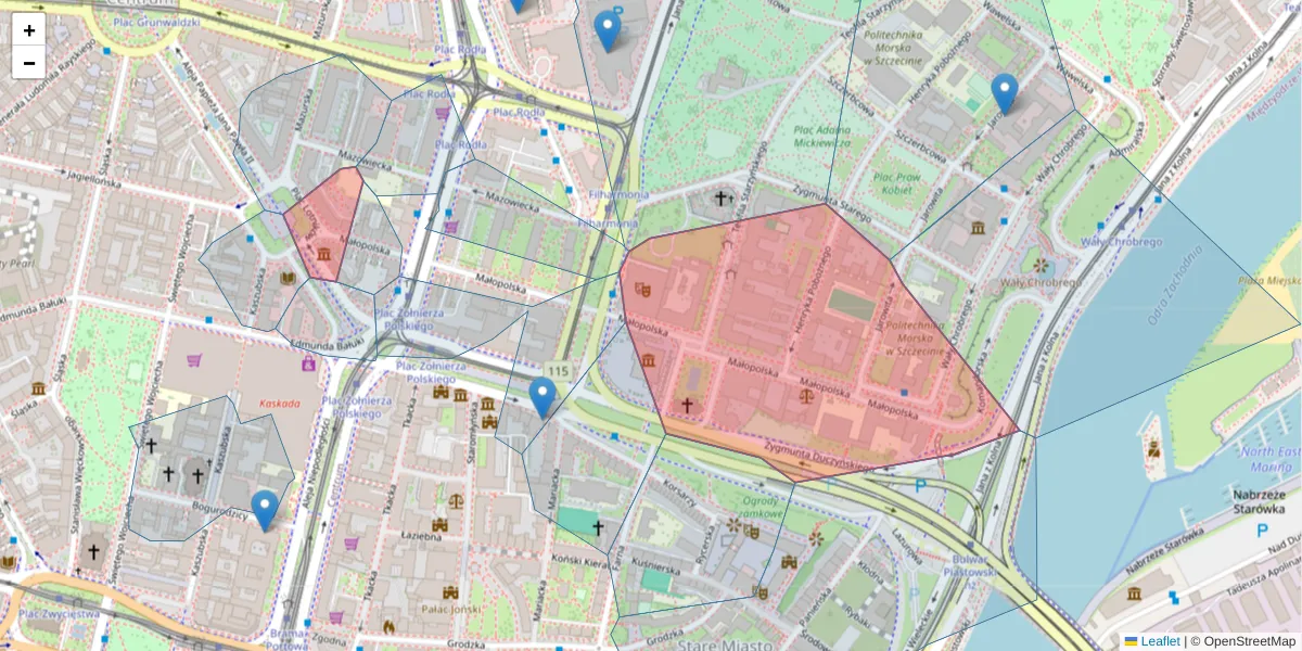 Szczegółowa mapa kodu pocztowego 70-515 z granicami, sąsiednimi kodami pocztowymi i urzędami pocztowymi