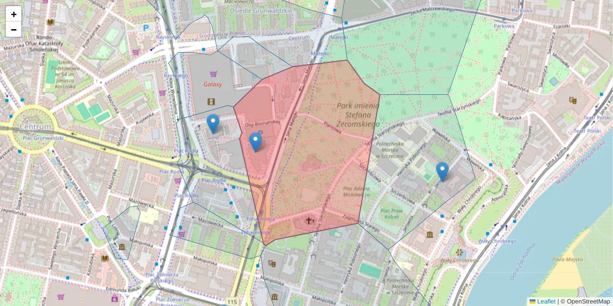 Szczegółowa mapa kodu pocztowego 70-530 z granicami, sąsiednimi kodami pocztowymi i urzędami pocztowymi