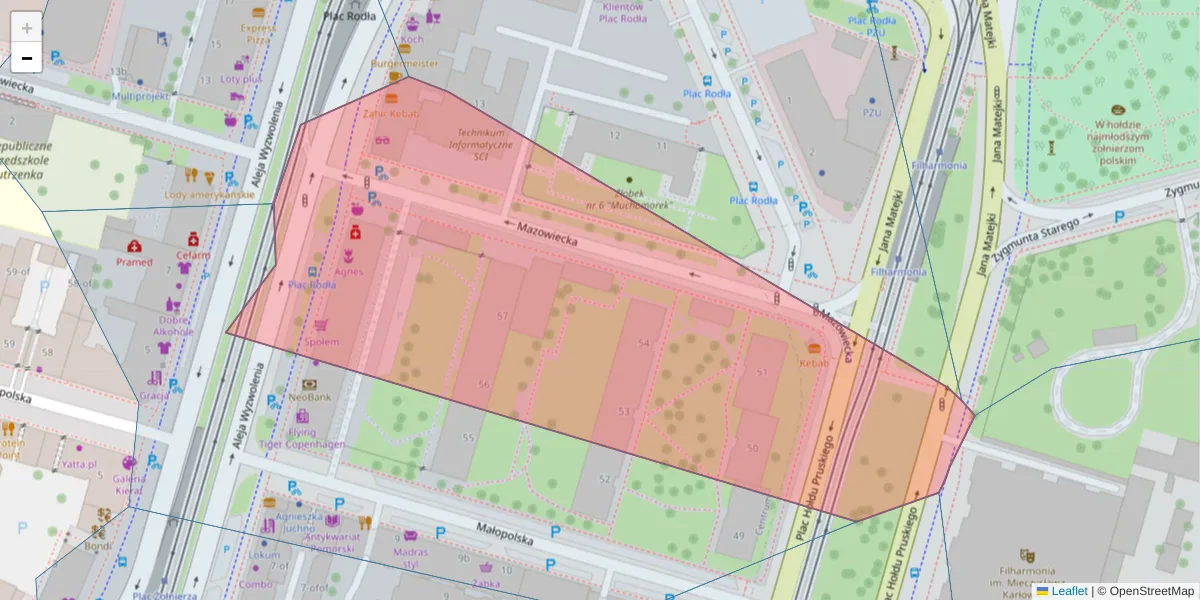 Szczegółowa mapa kodu pocztowego 70-553 z granicami, sąsiednimi kodami pocztowymi i urzędami pocztowymi