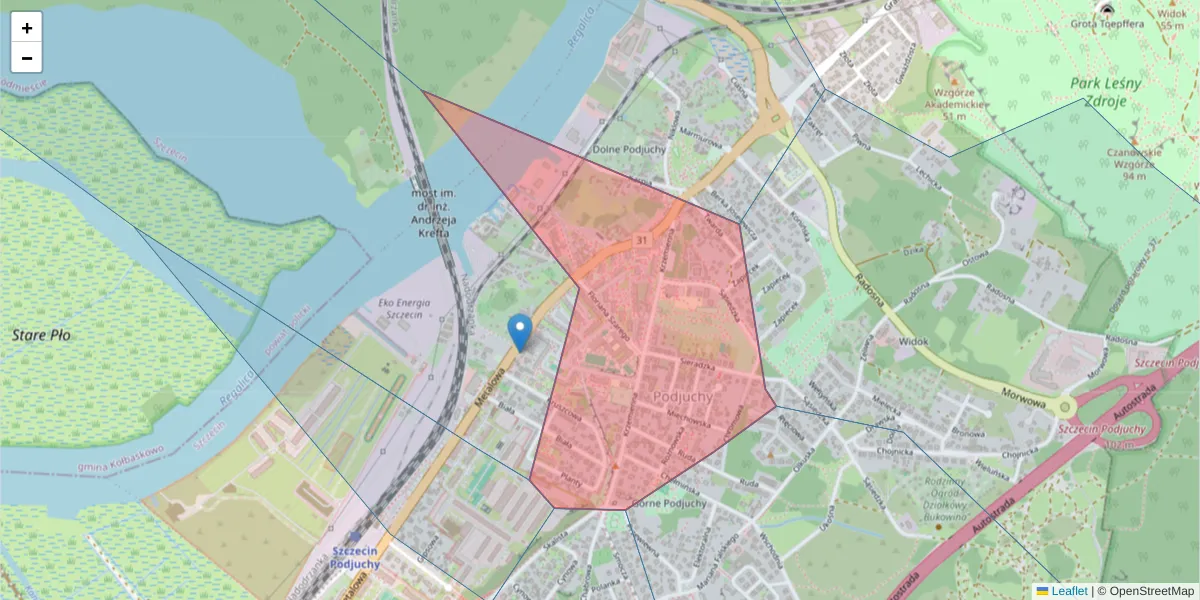 Szczegółowa mapa kodu pocztowego 70-734 z granicami, sąsiednimi kodami pocztowymi i urzędami pocztowymi
