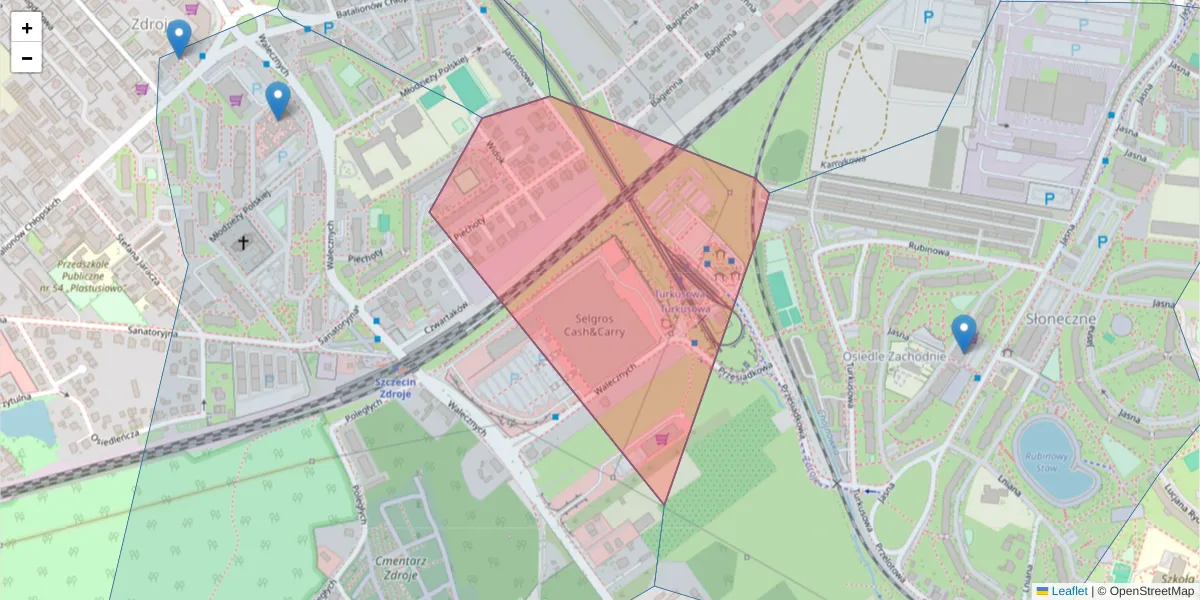 Szczegółowa mapa kodu pocztowego 70-773 z granicami, sąsiednimi kodami pocztowymi i urzędami pocztowymi