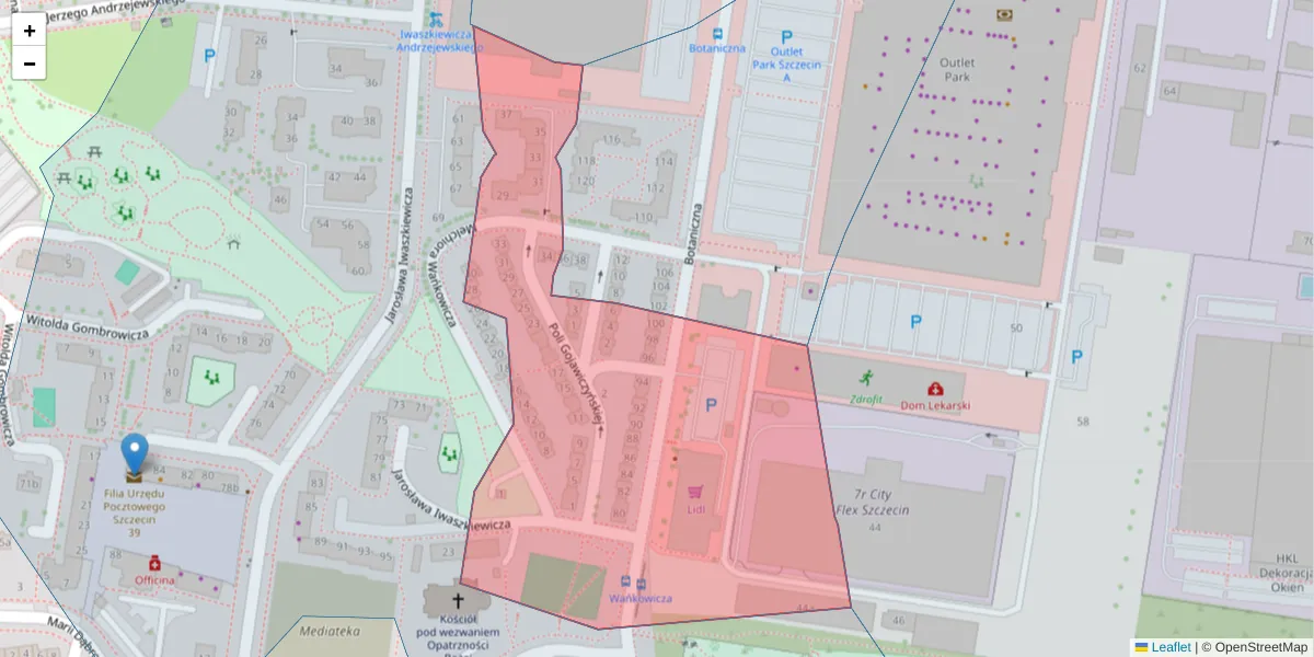 Szczegółowa mapa kodu pocztowego 70-787 z granicami, sąsiednimi kodami pocztowymi i urzędami pocztowymi