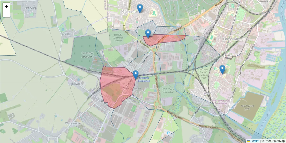 Szczegółowa mapa kodu pocztowego 71-004 z granicami, sąsiednimi kodami pocztowymi i urzędami pocztowymi