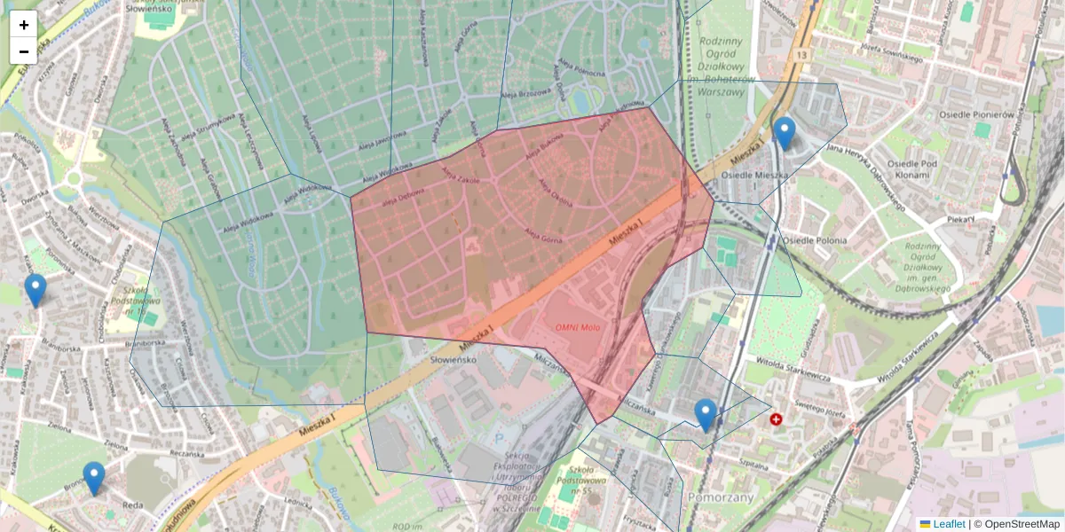 Szczegółowa mapa kodu pocztowego 71-011 z granicami, sąsiednimi kodami pocztowymi i urzędami pocztowymi