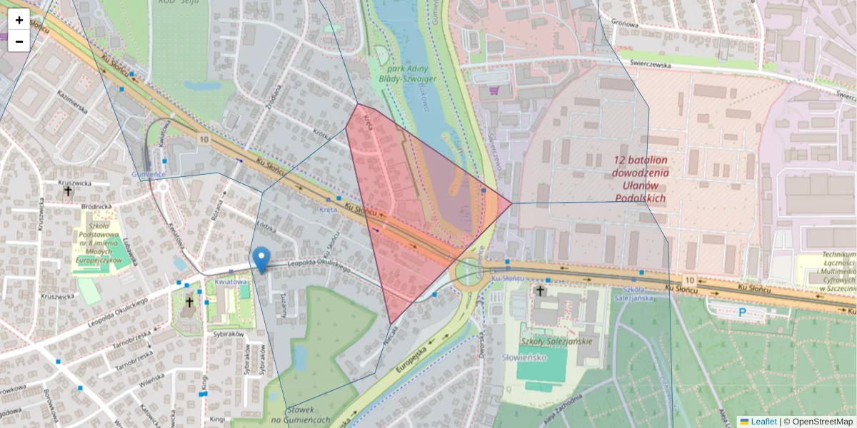 Szczegółowa mapa kodu pocztowego 71-046 z granicami, sąsiednimi kodami pocztowymi i urzędami pocztowymi