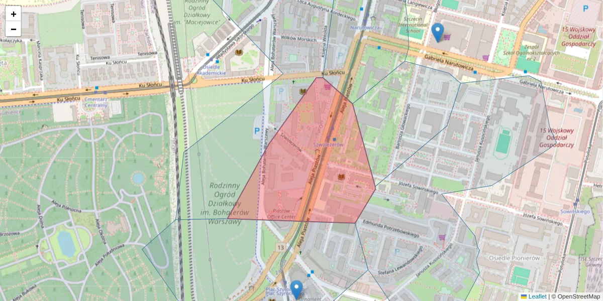 Szczegółowa mapa kodu pocztowego 71-062 z granicami, sąsiednimi kodami pocztowymi i urzędami pocztowymi