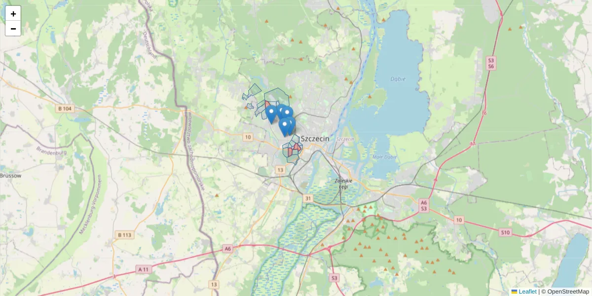 Szczegółowa mapa kodu pocztowego 71-073 z granicami, sąsiednimi kodami pocztowymi i urzędami pocztowymi