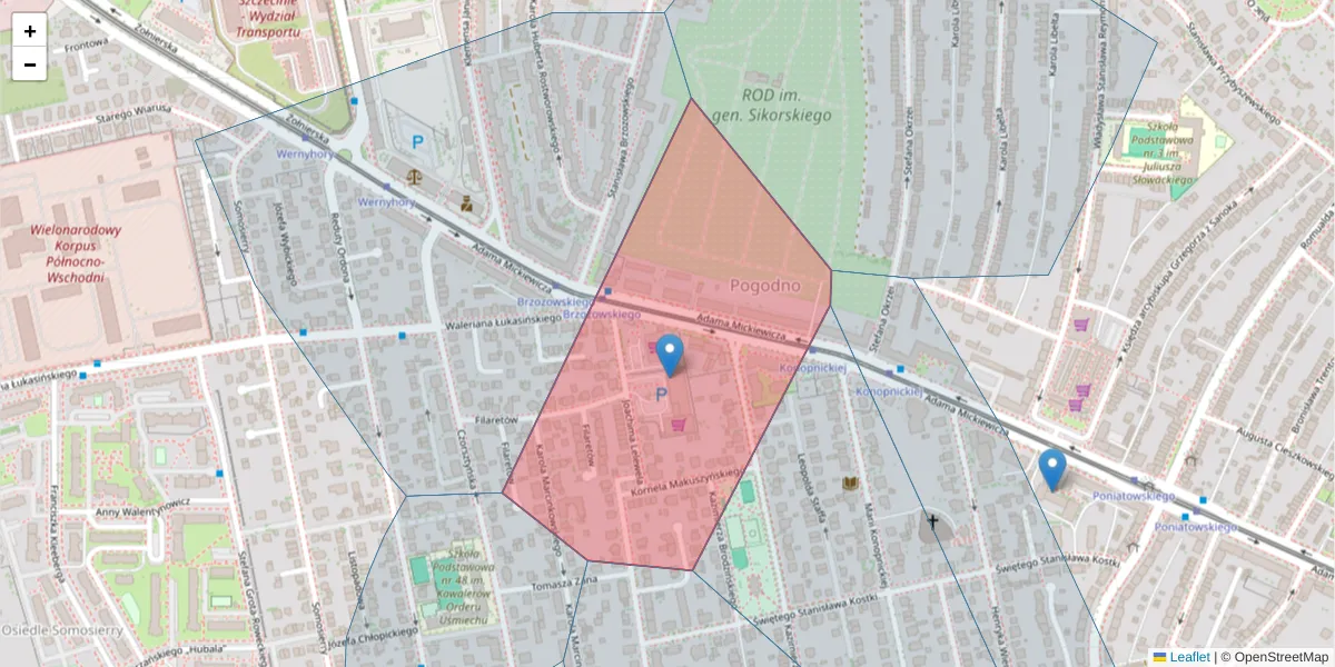 Szczegółowa mapa kodu pocztowego 71-154 z granicami, sąsiednimi kodami pocztowymi i urzędami pocztowymi