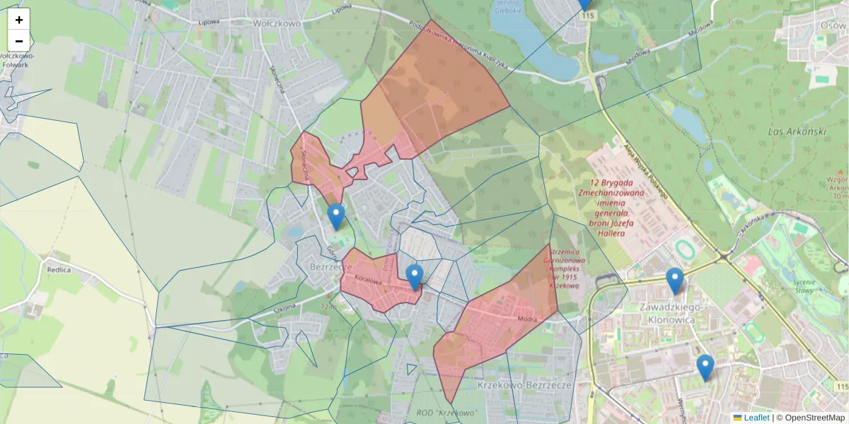 Szczegółowa mapa kodu pocztowego 71-220 z granicami, sąsiednimi kodami pocztowymi i urzędami pocztowymi
