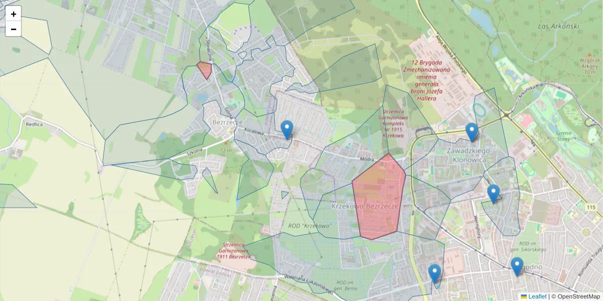 Szczegółowa mapa kodu pocztowego 71-221 z granicami, sąsiednimi kodami pocztowymi i urzędami pocztowymi
