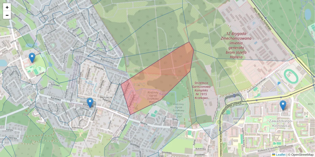 Szczegółowa mapa kodu pocztowego 71-222 z granicami, sąsiednimi kodami pocztowymi i urzędami pocztowymi