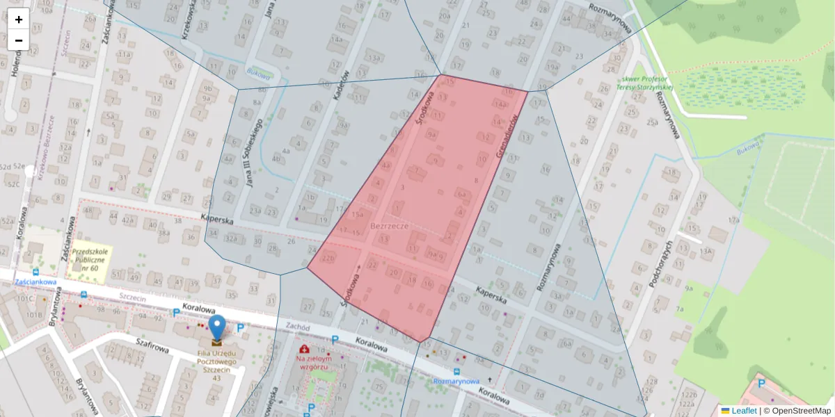 Szczegółowa mapa kodu pocztowego 71-225 z granicami, sąsiednimi kodami pocztowymi i urzędami pocztowymi