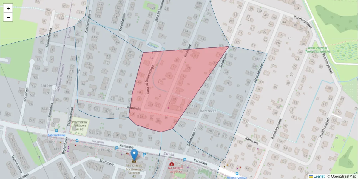 Szczegółowa mapa kodu pocztowego 71-227 z granicami, sąsiednimi kodami pocztowymi i urzędami pocztowymi