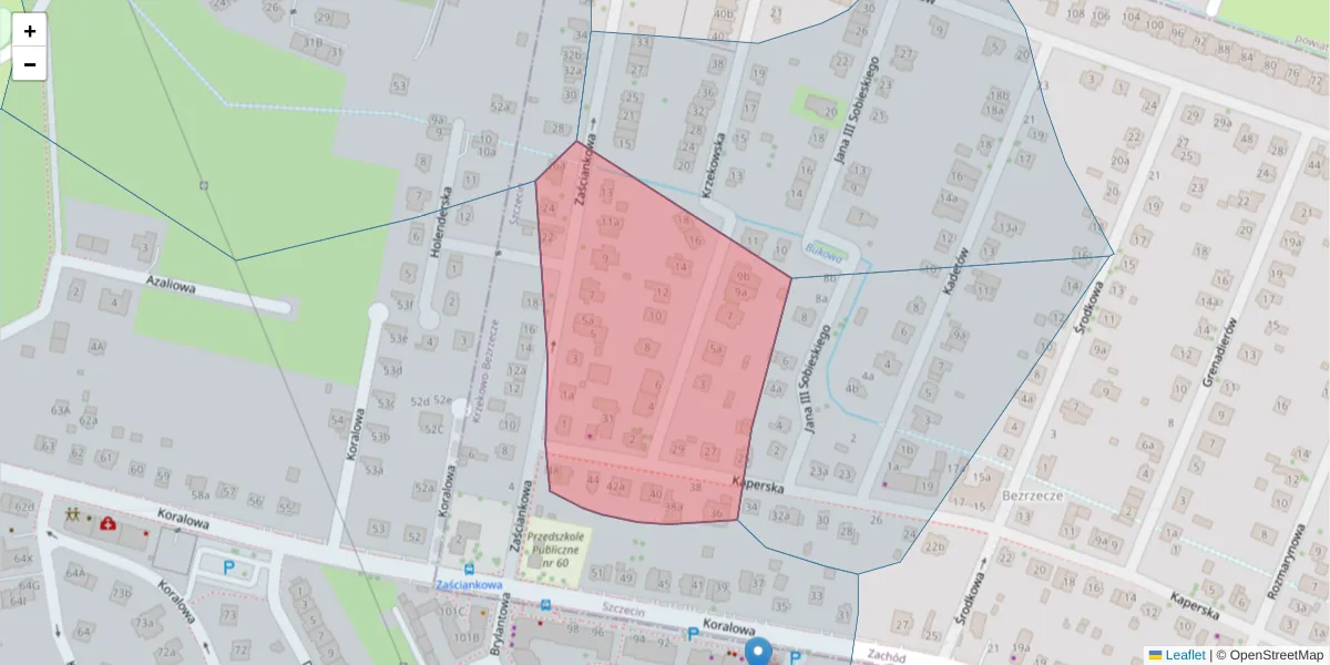 Szczegółowa mapa kodu pocztowego 71-229 z granicami, sąsiednimi kodami pocztowymi i urzędami pocztowymi