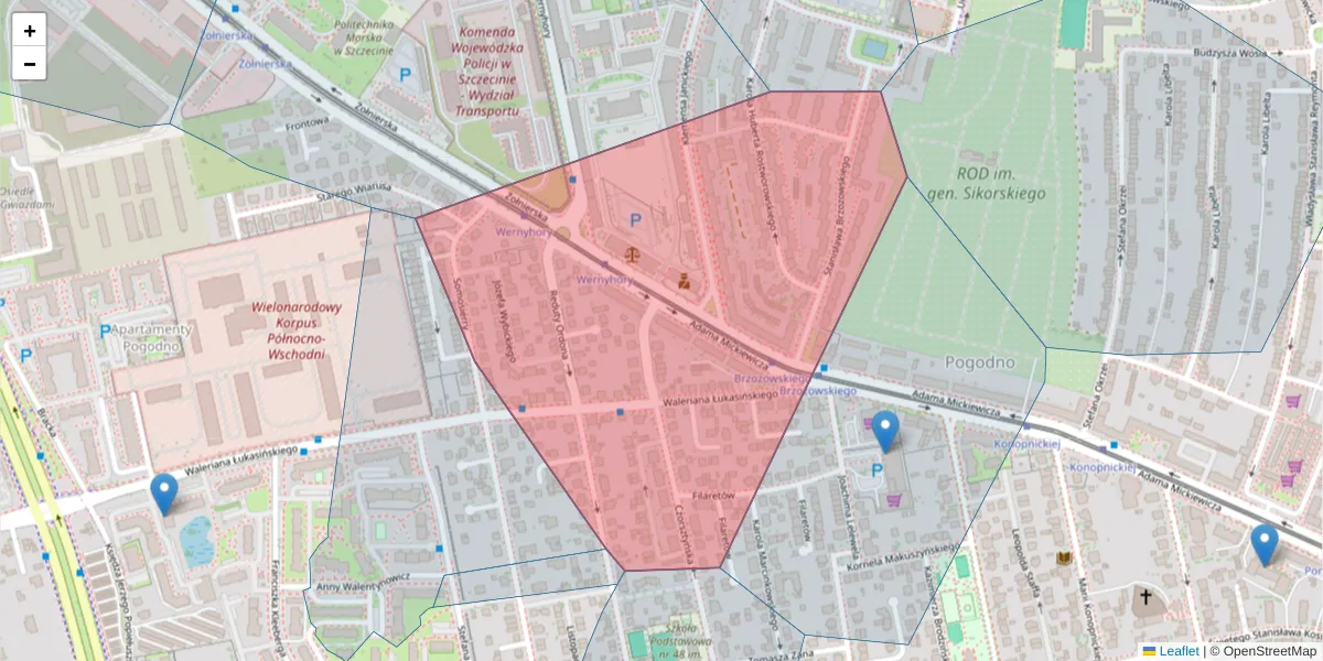 Szczegółowa mapa kodu pocztowego 71-254 z granicami, sąsiednimi kodami pocztowymi i urzędami pocztowymi