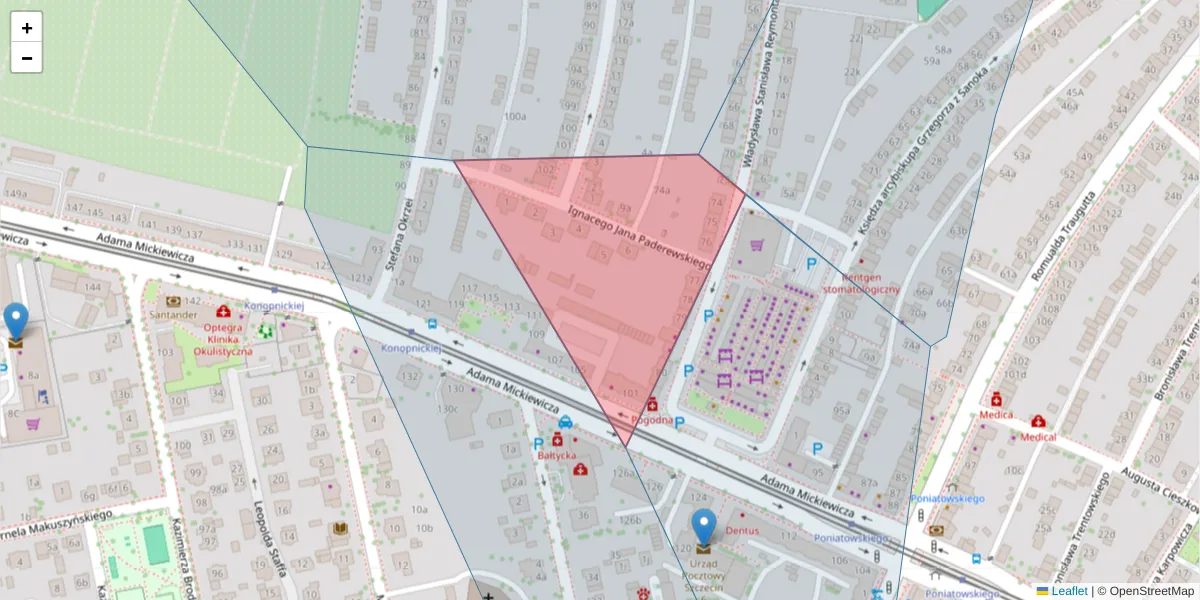 Szczegółowa mapa kodu pocztowego 71-280 z granicami, sąsiednimi kodami pocztowymi i urzędami pocztowymi