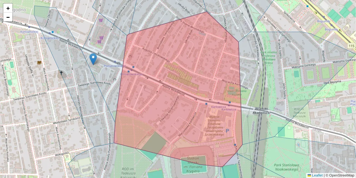 Szczegółowa mapa kodu pocztowego 71-301 z granicami, sąsiednimi kodami pocztowymi i urzędami pocztowymi