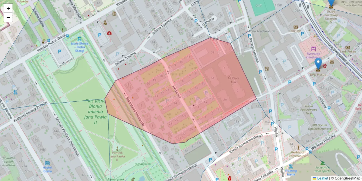 Szczegółowa mapa kodu pocztowego 71-427 z granicami, sąsiednimi kodami pocztowymi i urzędami pocztowymi