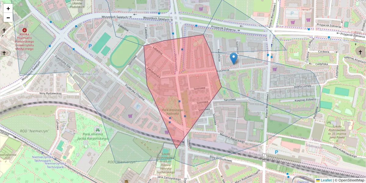 Szczegółowa mapa kodu pocztowego 71-446 z granicami, sąsiednimi kodami pocztowymi i urzędami pocztowymi