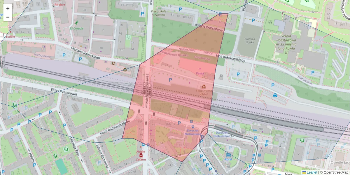 Szczegółowa mapa kodu pocztowego 71-525 z granicami, sąsiednimi kodami pocztowymi i urzędami pocztowymi