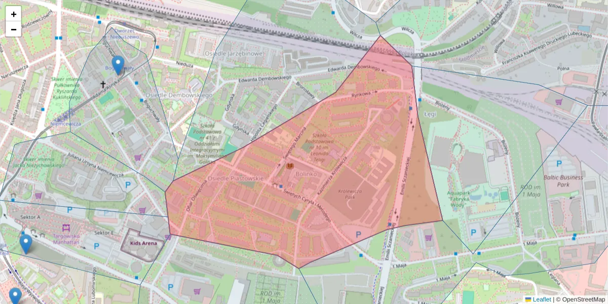 Szczegółowa mapa kodu pocztowego 71-544 z granicami, sąsiednimi kodami pocztowymi i urzędami pocztowymi