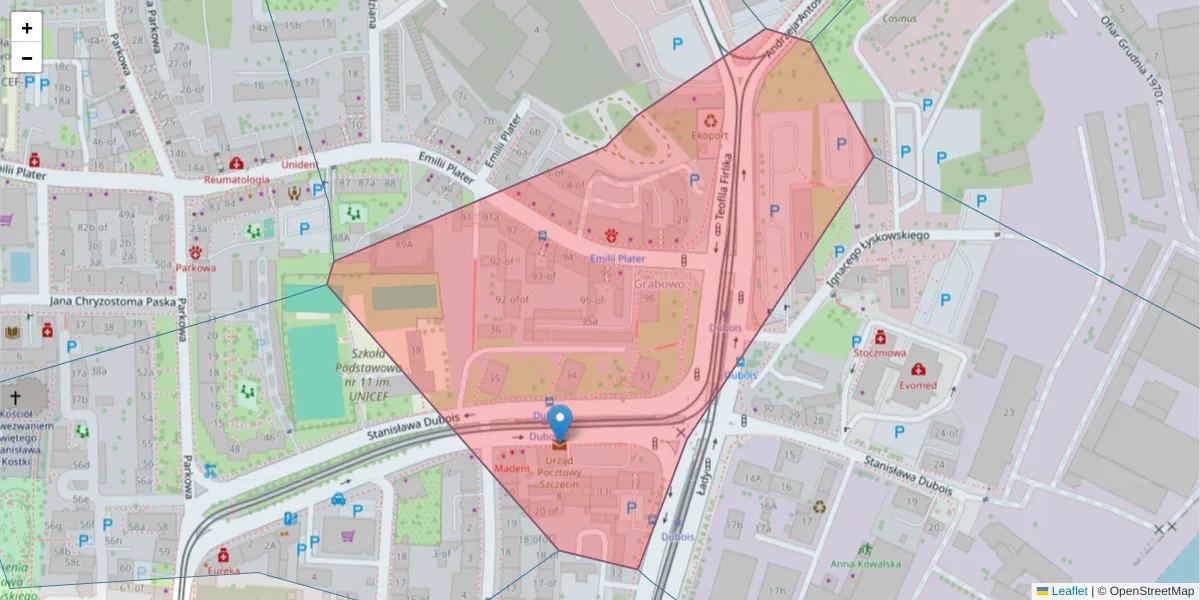 Szczegółowa mapa kodu pocztowego 71-635 z granicami, sąsiednimi kodami pocztowymi i urzędami pocztowymi